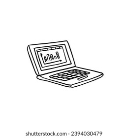 Single element of laptop with diagram on monitor screen in doodle style. Office, home office, freelance work, coworking, teaching or studying at home. Working online. Hand drawn