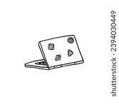 Single element of laptop with stickers on the laptop cover. Office, home office, freelance work, coworking, teaching or studying at home. Working online. Hand drawn. Doodle style