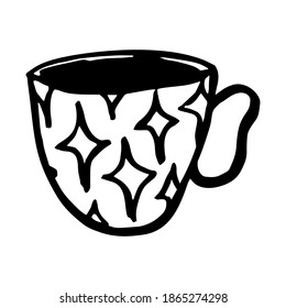 Single element. A mug with a drink, with a geometric pattern. Hand drawn. Doodle, sketch, icon. Vector illustration for greeting cards, prints, banners and seasonal designs. On a white background.