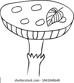 A single element mushroom fly agaric with a leaf on the hat.  Vector doodle illustration for postcards on the theme of autumn and Halloween, as well as a coloring book for children.