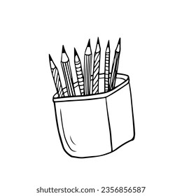 Single element of pencils and pencil stand in doodle style. Hand drawn vector illustration for posters, stickers and seasonal design. School element, business element, office element