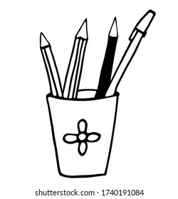 single element pencils and pens in a glass.hand drawn Doodle style