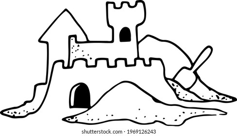 Single element of sand castle in doodle summer set. Hand drawn vector illustration for greeting cards, posters, stickers and seasonal design.