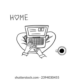 Single element  of self-employed man or woman work in comfortable conditions. Home office, freelance work, teaching or studying at home. Freelancers working online on laptop with coffee. Hand drawn