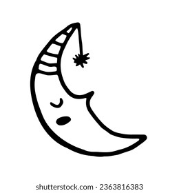 Single element of a sleeping moon in a doodle celestial set. Hand-drawn vector illustration for greeting cards, posters, stickers, and celestial-themed designs.