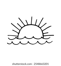 Um único elemento de sol no rabiscar. Ilustração de vetor desenhada à mão para cartões de saudação, adesivos e design sazonal. Colocando sol, pôr do sol no mar.