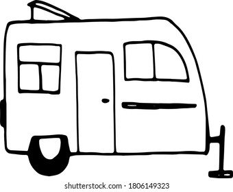 Single element of trailer in doodle camping set. Hand drawn vector illustration for greeting cards, travel blog icons, posters, stickers, print, coloring page and seasonal design. Road trip symbol
