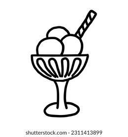 Un solo elemento de helado de cuchara triple con tubo de gofre en una taza de vidrio. Ilustración vectorial dibujada a mano para tarjetas de felicitación, carteles, pegatinas y diseño estacional. Aislado sobre fondo blanco