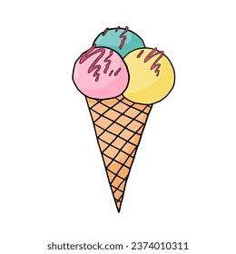 Single element of triple scoop ice cream with fruit topping in a waffel cone. Hand drawn vector illustration for greeting cards, posters, stickers and seasonal design.