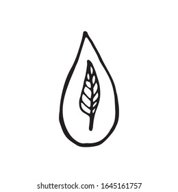 Single element of water drop with leaves in doodle ecology set. Hand drawn vector illustration about environment problems. Sketch elements set for graphic and web design.