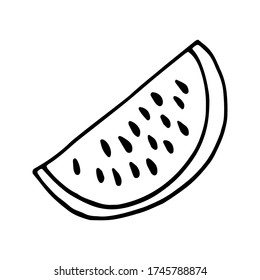 Single element of watermelon slice in doodle summer set. Hand drawn vector illustration for greeting cards, posters, stickers and seasonal design.