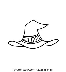 Single element witch hat in doodle style for Halloween. Doodle vector illustration, props on event. Cute element for greeting cards, posters, stickers and seasonal design. Isolated on white background