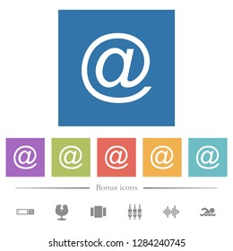 Single email symbol flat white icons in square backgrounds. 6 bonus icons included.