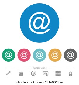 Single email symbol flat white icons on round color backgrounds. 6 bonus icons included.