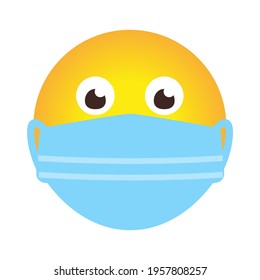 Single emoji icon in medical mask. Smile in cartoon style as sign protect against spread of coronavirus. Concept stop COVID-19. Emoticon in face protective mask. Isolated on white vector illustration