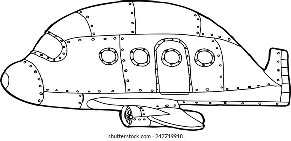 Single empty cartoon outline of passenger airplane