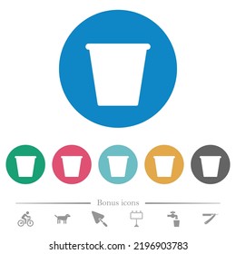 Single empty flowerpot solid flat white icons on round color backgrounds. 6 bonus icons included.