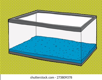 Single empty rectangular pet fish tank with blue gravel