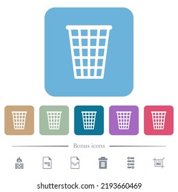 Single empty tall trash outline white flat icons on color rounded square backgrounds. 6 bonus icons included