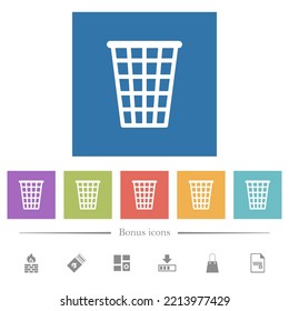 Los iconos blancos planos en fondo cuadrado son un esquema de basura alta vacía. 6 iconos de bonificación incluidos.