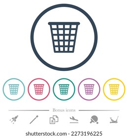 Single empty wide trash outline flat color icons in round outlines. 6 bonus icons included.