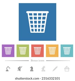 Single empty wide trash outline flat white icons in square backgrounds. 6 bonus icons included.