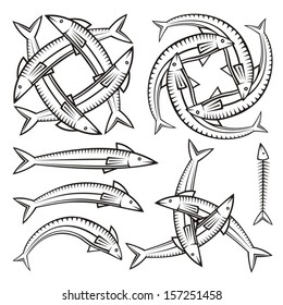 Single and entwined fish icons isolated on white background.