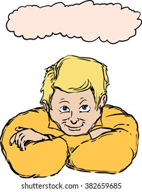 Single European man with folded arms over white background and thought balloon