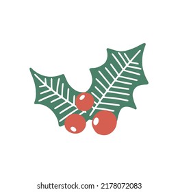 Single evergreen holly plant with red berries. Christmas decoration in doodle style. Cute vector illustration. Holiday decor for your design - poster, t shirt, greeting card, invitation