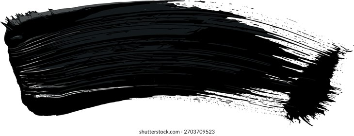 A single expressive black brush stroke isolated on a white background. The texture of the bristles is visible, creating a dynamic and artistic smear of thick paint or ink.