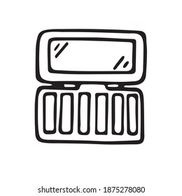 Single eye shadow palette in doodle style. Hand drawn vector illustration isolated on white background.