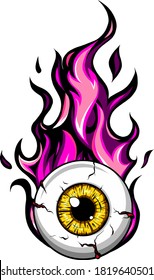 Single eyeball on fire in flames vector illustration