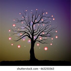 single fairy tree with red lanterns and sparkles, tree and fireflies in the evening, vector