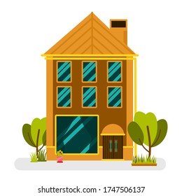 Single family brick house. Storefront on the ground floor. Colorful residential building in cartoon flat style. Vector isolated illustration.