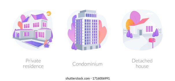 Single family home abstract concept vector illustration set. Private residence, condominium, detached house, land ownership, real estate market, stand-alone household, appartment abstract metaphor.