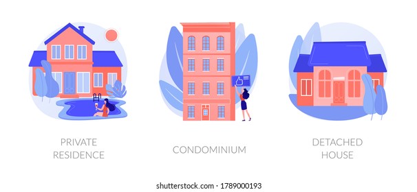 Single family home abstract concept vector illustration set. Private residence, condominium, detached house, land ownership, real estate market, stand-alone household, appartment abstract metaphor.