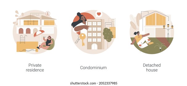 Single family home abstract concept vector illustration set. Private residence, condominium, detached house, land ownership, real estate market, stand-alone household, appartment abstract metaphor.