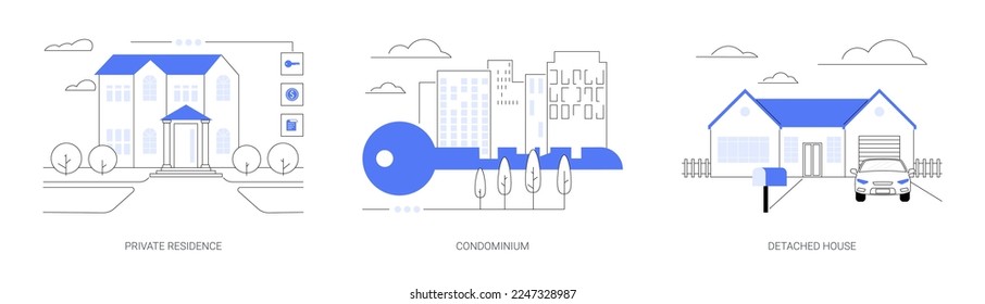 Single family home abstract concept vector illustration set. Private residence, condominium, detached house, land ownership, real estate market, stand-alone household, appartment abstract metaphor.