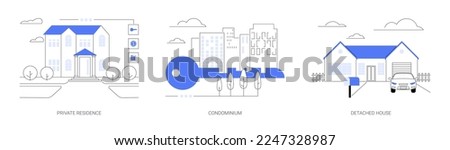 Single family home abstract concept vector illustration set. Private residence, condominium, detached house, land ownership, real estate market, stand-alone household, appartment abstract metaphor.