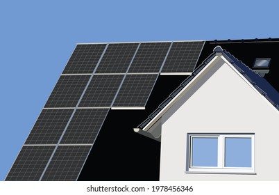 Single family house with solar system or photovoltaic system. Roof and windows with blue sky. Residential lifestyle with modern energy for house electricity