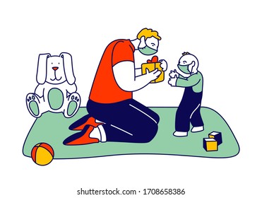 Single Father Character Prepared Gift for Son. Man in Medical Mask Giving Present to Baby Stand on Carpet with Toys. First Birthday Celebration on Covid19 Quarantine. Linear People Vector Illustration
