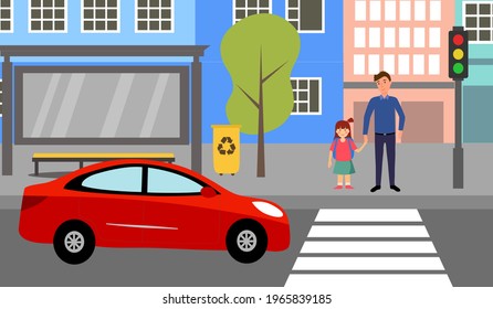 Single Father Children Waiting Crossing Road Stock Vector (Royalty Free ...