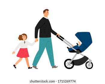Single father. Flat man with girl and stroller. Family walking, father daughter and baby. Parenthood vector illustration