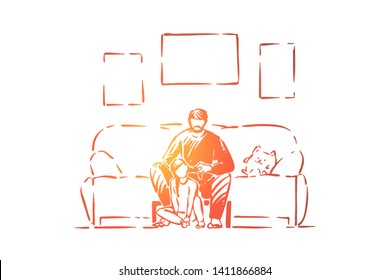 Single father helps daughter to braid pigtails, fatherhood, dad and little girl indoor, parent and child, parenting. Parental care, family relationship concept sketch. Hand drawn vector illustration