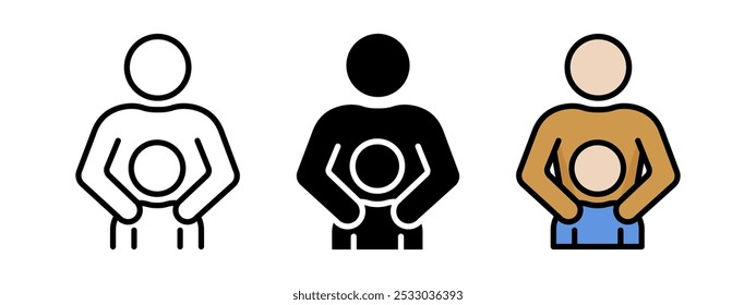 Single father icon. Father with son symbol. Parenthood vector illustration. Single-parent family sign. Dad parent relationship concept. Man and boy hug silhouette outline, black and colorful pictogram