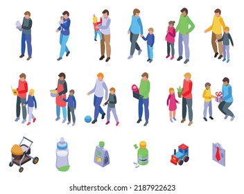 Single father icons set isometric vector. Adult parent. Father child