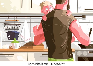 Single father with kid. Lonely dad cooking delicious meal for happy looking child vector illustration. Caring man holding only boy flat style design. Hard parenting lifestyle concept