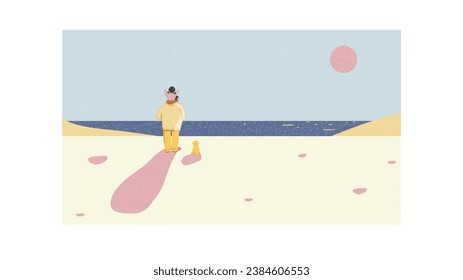 single father with kid looking to sunset or sunrise at the beach.Father take care of his duaghter.Modern and diverse family