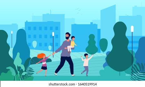 Single father. Lonely man walking with kids in park. Male parenthood, baby or toddler and children. Happy summer outdoor activity vector illustration