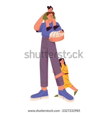 Single father and many children. Dad with three kids, little girl daughter, newborn infant boy baby in hands. Fatherhood concept. Flat graphic vector illustration isolated on white background